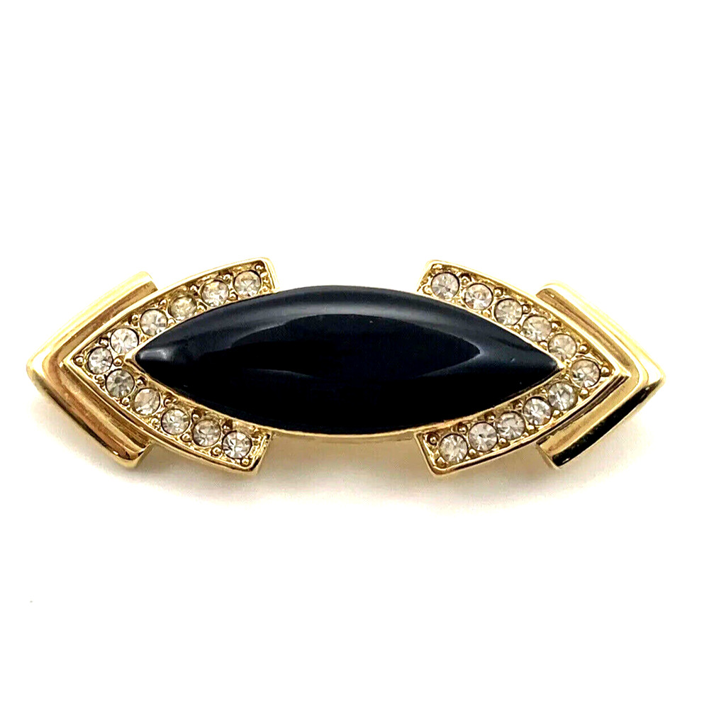 Trifari Art Deco Revival Gold Rhinestone Onyx Geometric Brooch Vintage
